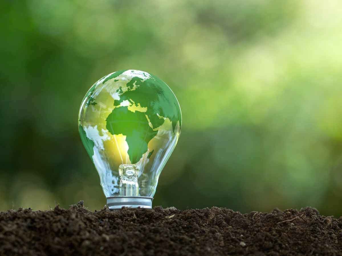 A green world map pictured within a light bulb to represent a green energy concept