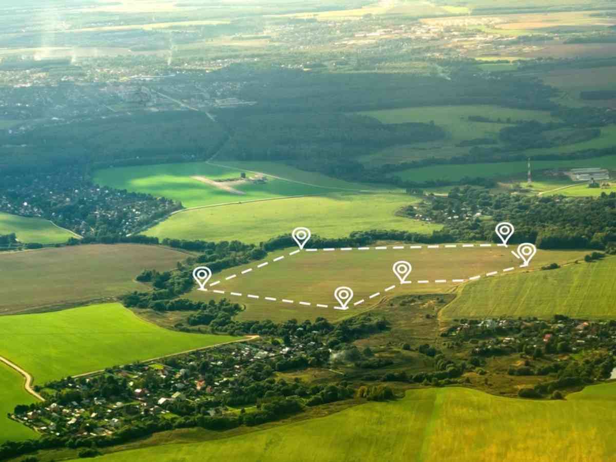 Aerial view of a green field with drawn boundary lines to show location and size of a proposed property development.