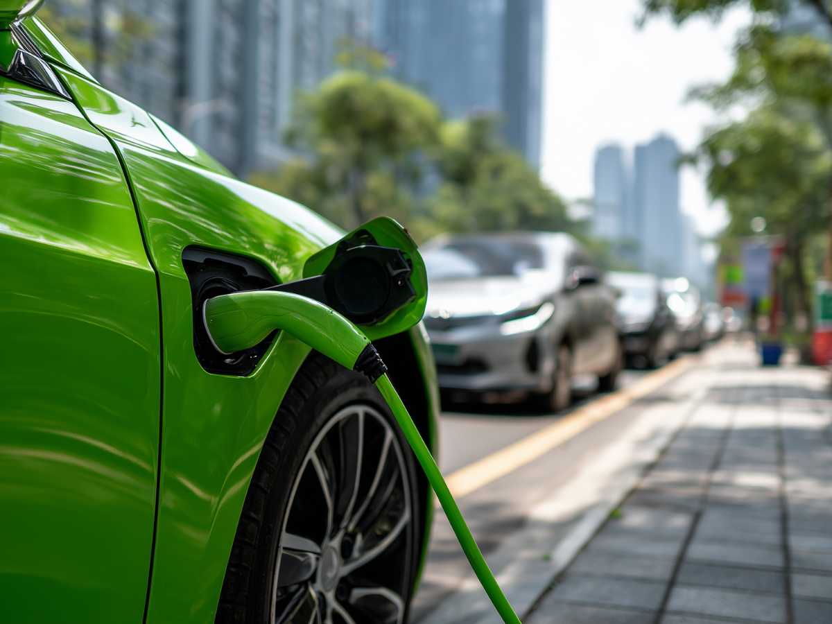 Electric vehicle FBT exemption | image of lime green electric vehicle being charged on a city street